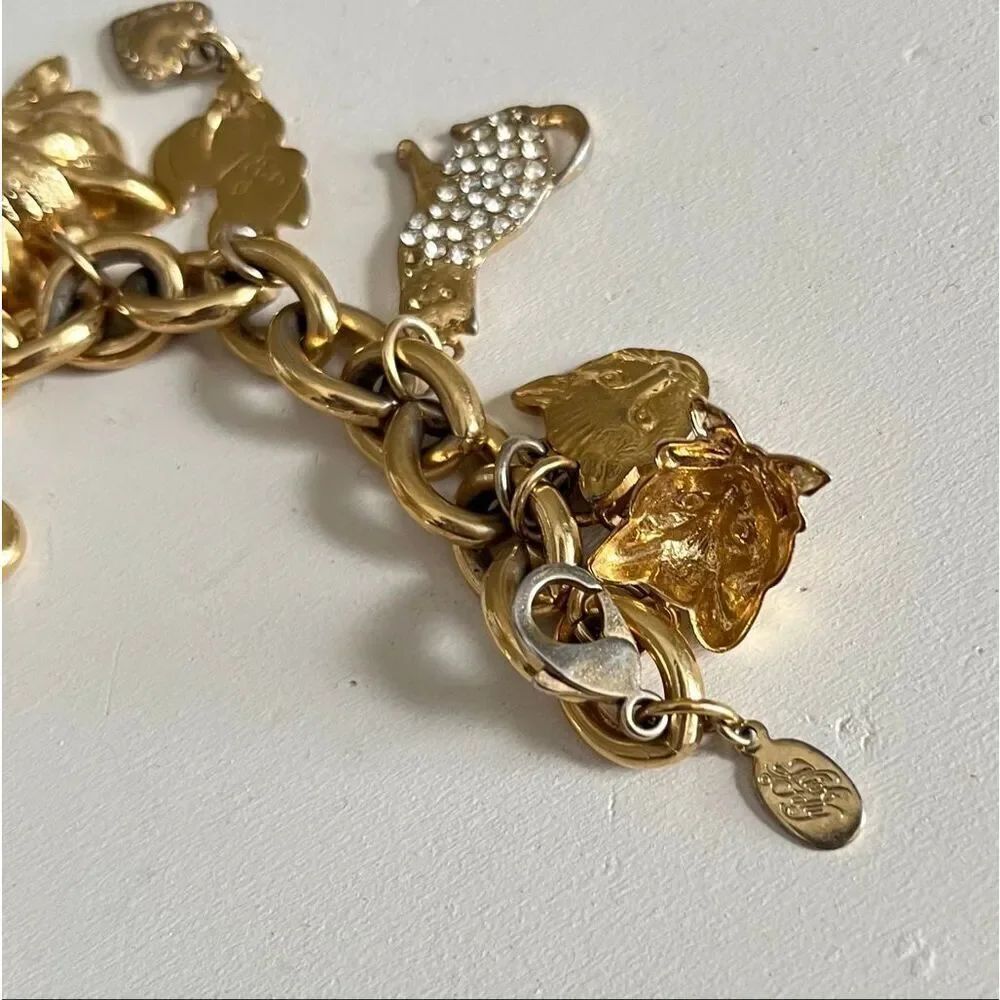 VTG Kirk’s Folly Gold Tone Cat Charm Bracelet Hearts Crystals 8” - Picture 8 of 14